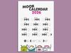 Moon calendar 2026. Printable PDF download. Fun design for kids, featuring lunar men and a friendly alien!