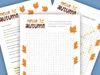 Autumn themed word search for kids. 16 words to find.