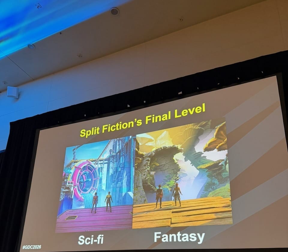 Split Fiction's Final Level: Sci-fi (left) and Fantasy (right)