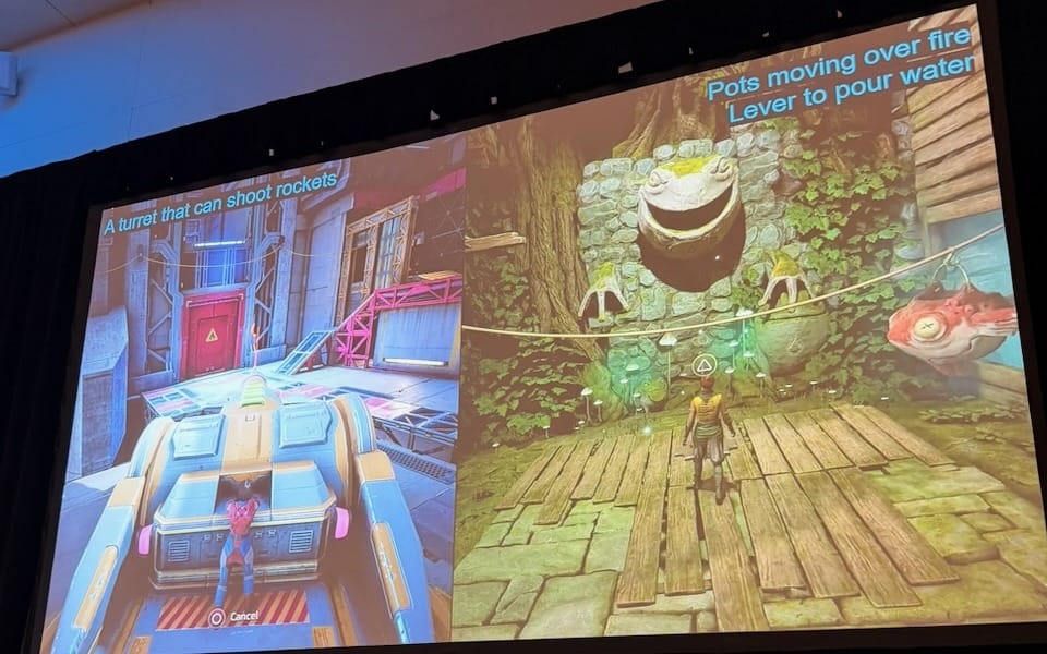 Puzzle example: sci-fi player has a turret; fantasy player has pots on a rope and a lever