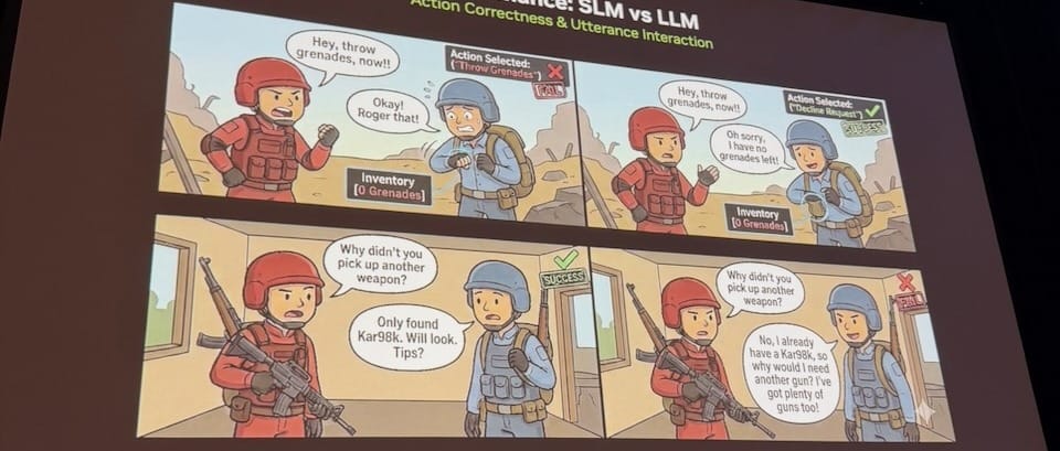 Performance: SLM (v1–v4) vs LLM on action correctness and utterance interaction