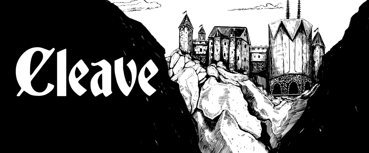A fantasy city sits between a dark valley. "Cleave" is written in the blackness.