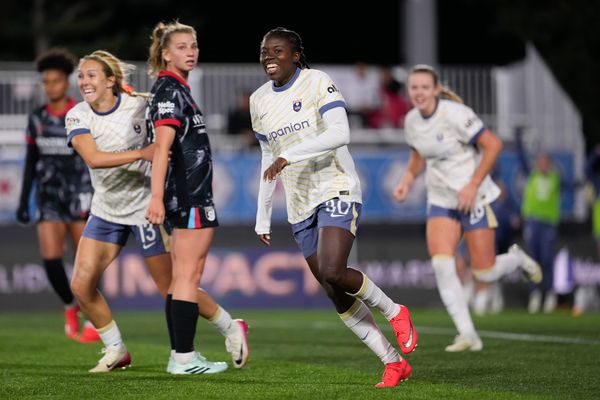 Seattle Reign forward Nerilia "Coco" Mondesir (30) smiles during a match against the Chicago Stars on Sunday, Oct. 18, 2026 at Martin Stadium in Evanston, Ill.