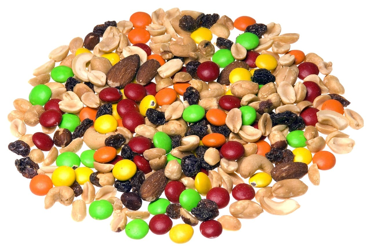 Trail mix, nuts with sweet chocolate candy.