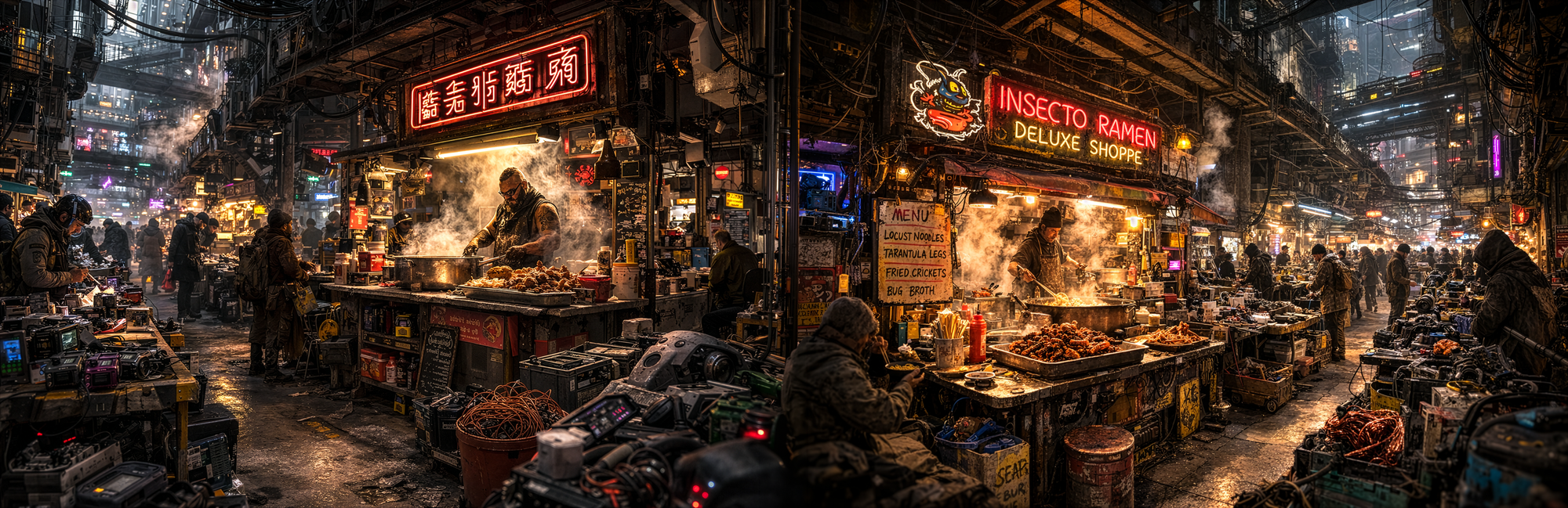 Insecto Ramen Deluxe Shoppe, a food vendor within a scavenger market corridor, lower strata of Detroit Megacity