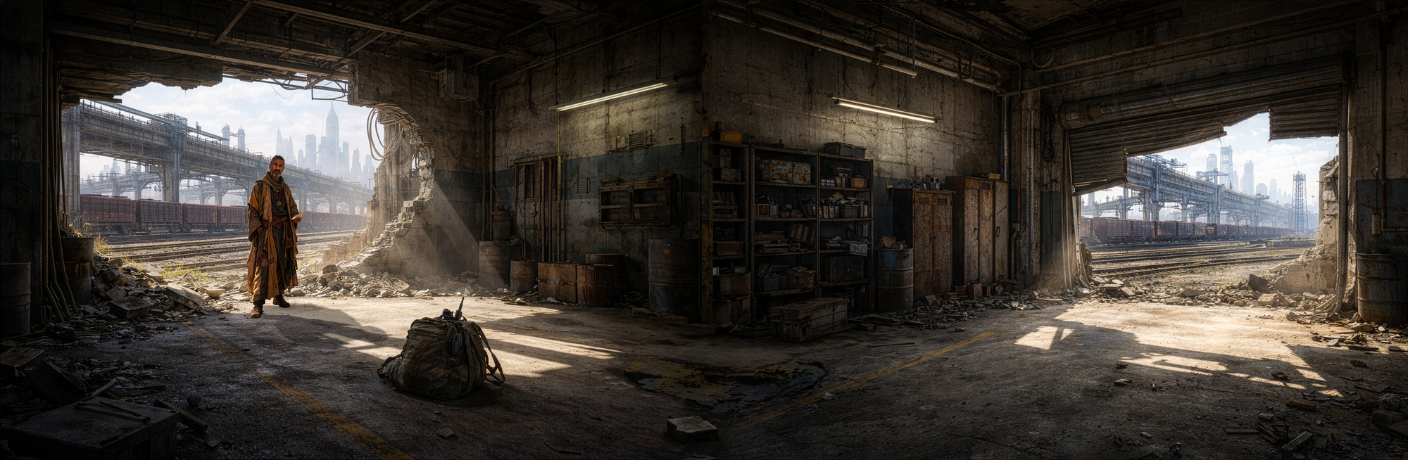Robed Mystery Man stands in the doorway of the industrial garage within the trainyard