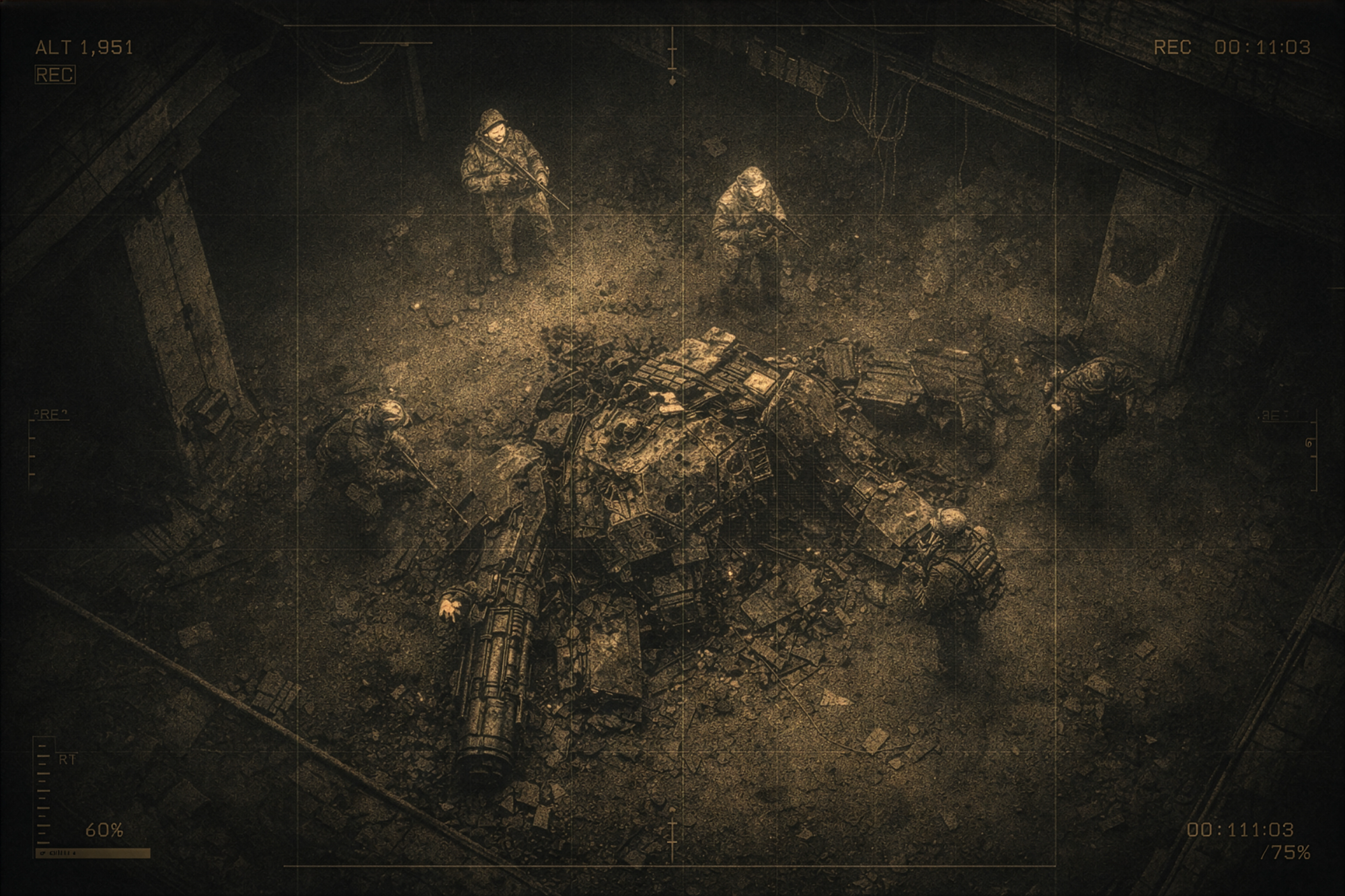 Thermal imagery shows a Warband unit investigating a destroyed mech, location unknown.