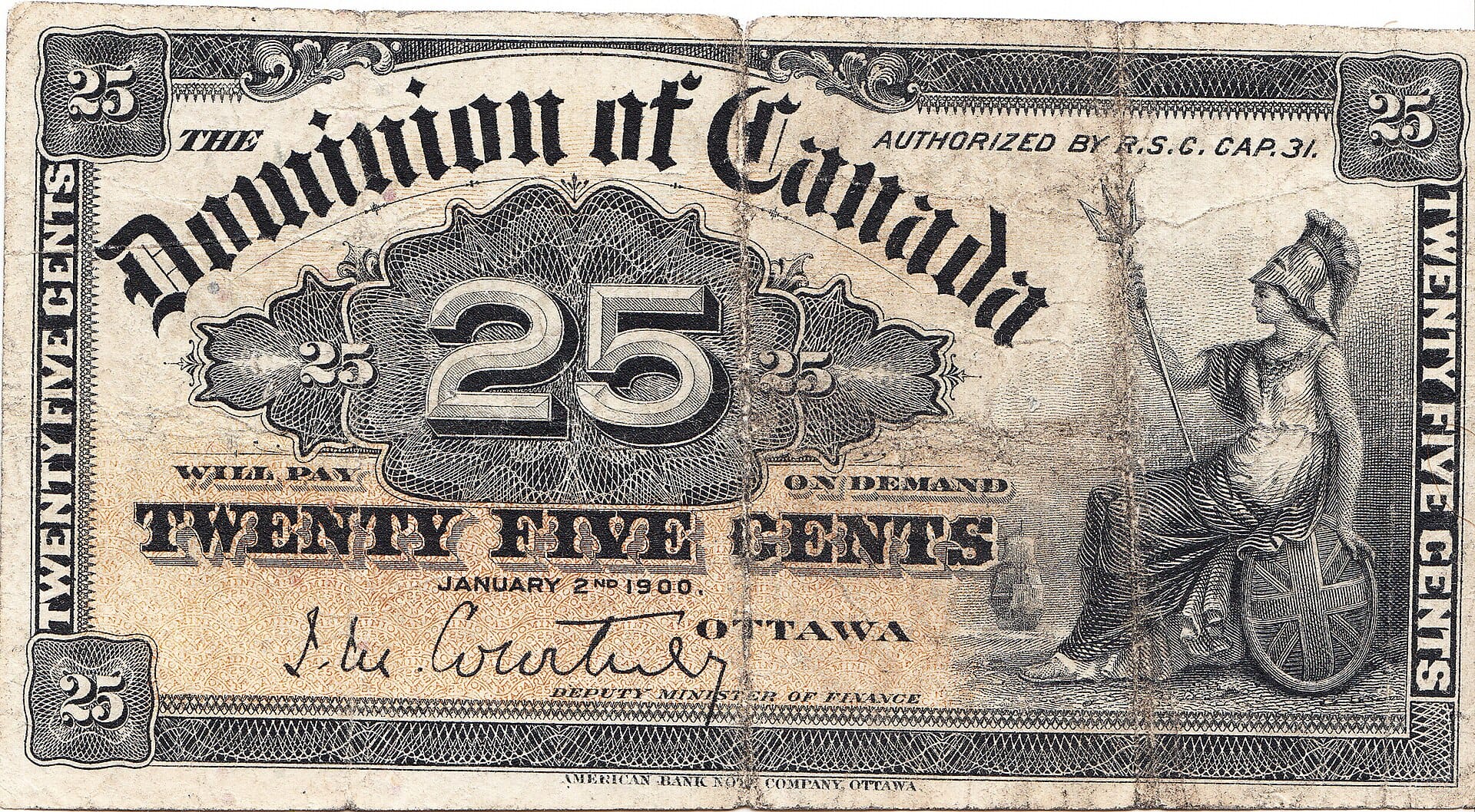Canadian 25¢ "shinplaster", front (1900)