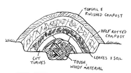 Layers of woody material and compost or soil used to build a Hügelkultur bed