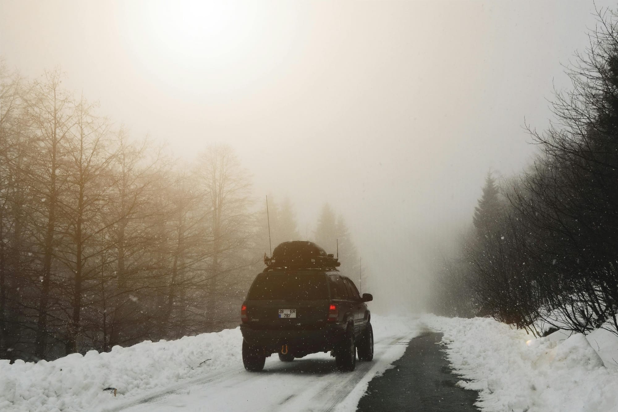 Vehicle driving through a forest snowstorm.