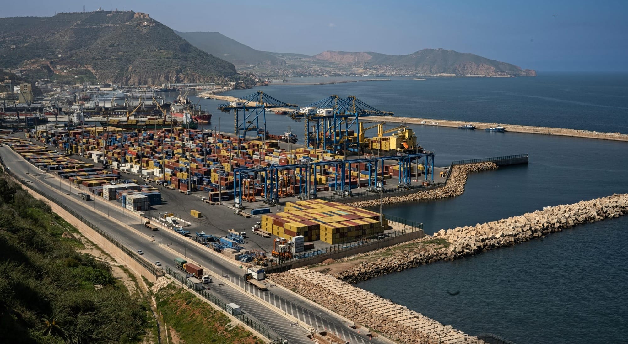 Container Port in Oran, Algeria with Mountains