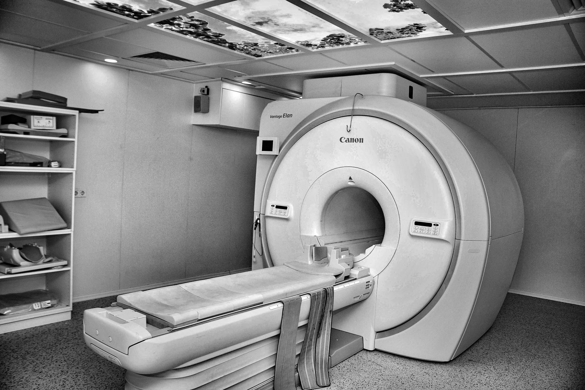 Modern Hospital MRI Machine in Black and White