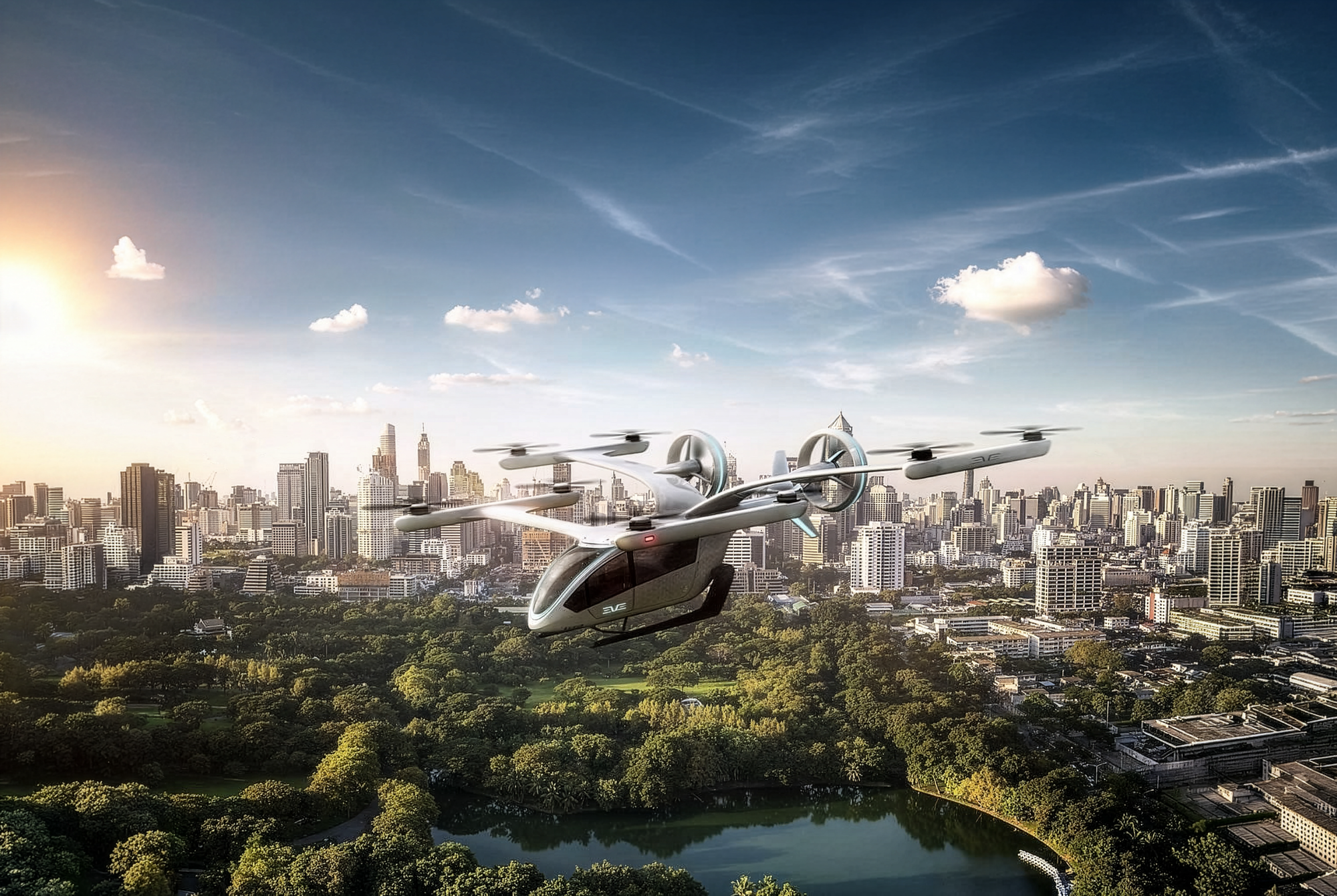 eVTOL flying over a picture-esque city, optimistic artist rendition