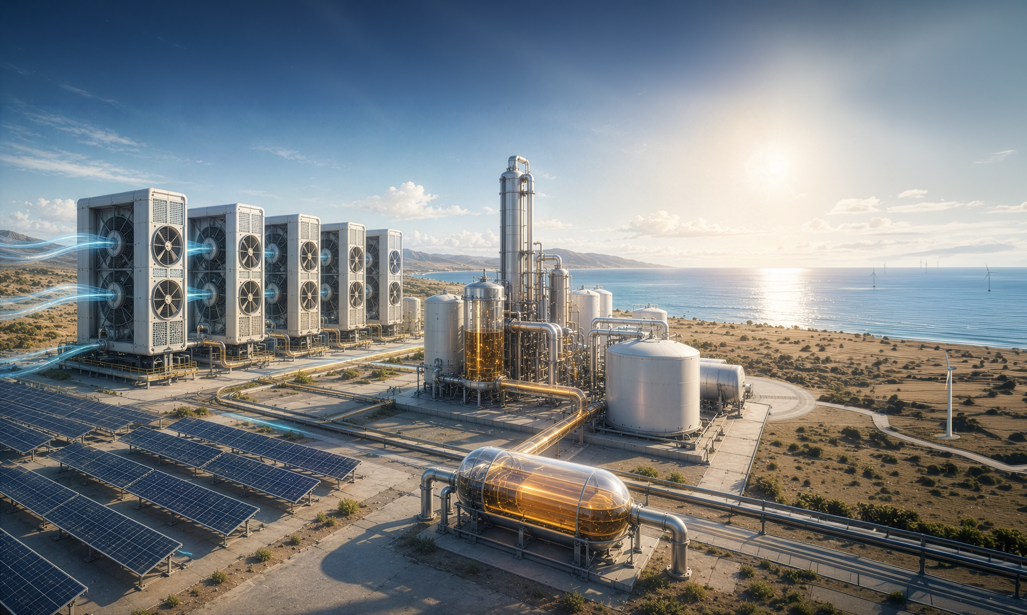 Artist Rendition of a Renewable Synthetic Gasoline Refinery with solar and offshore wind.