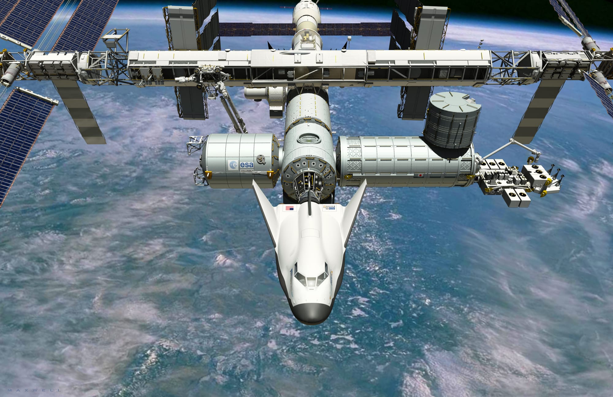 Artist's conception of the crewed Dream Chaser docked to International Space Station