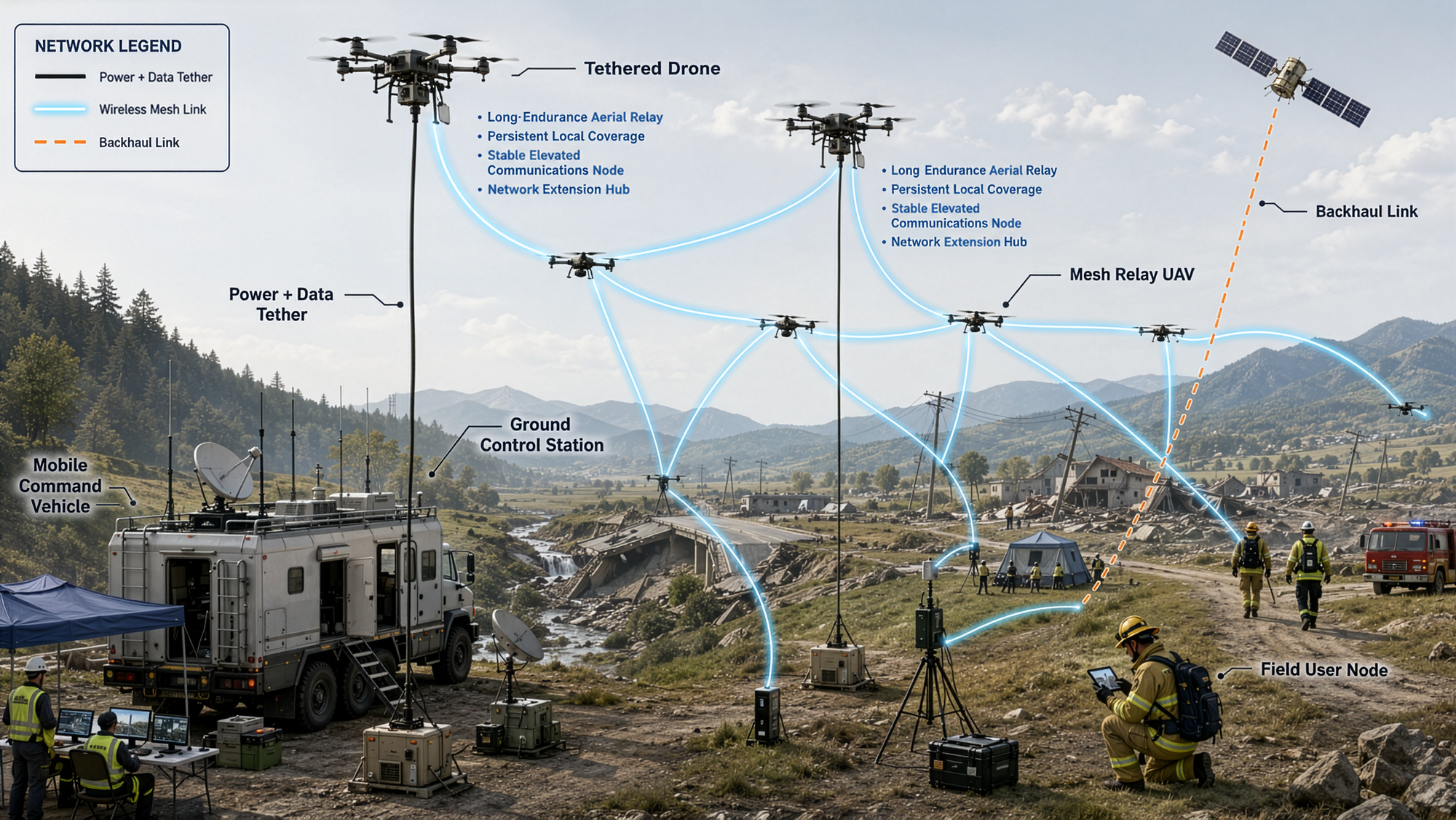 Distances not to scale.  Artist Rendition of Disaster Response Mesh Network