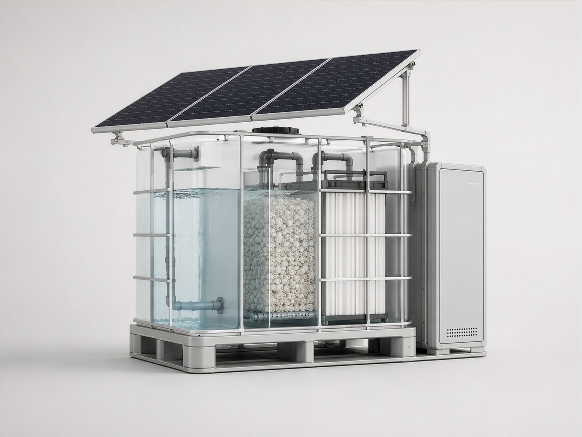 Artist Concept of The IBC Tote Wastewater Treatment Device with Solar and Battery