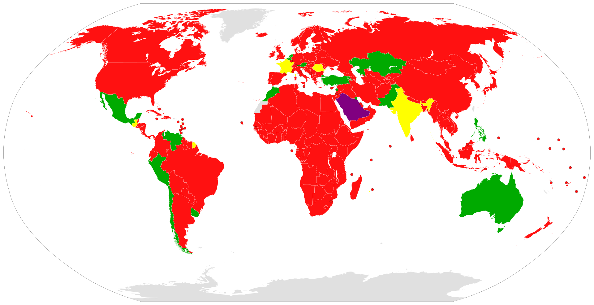 Green: Parties, Purple = Former Parties, Yellow = Signatories, Red = Non-parties