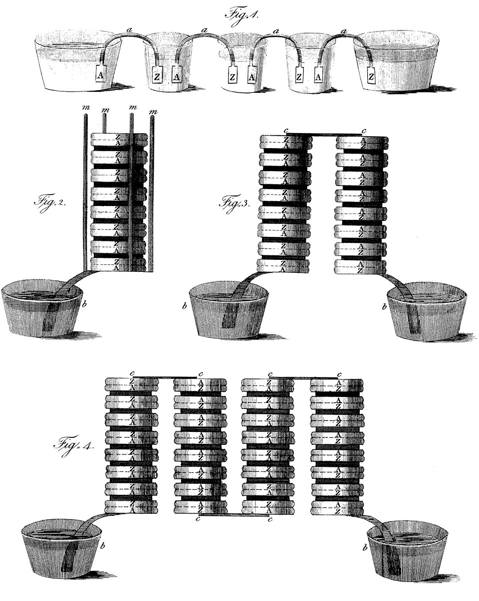 Drawing of the voltaic pile in different configurations, from the letter sent from Alessandro Volta to Joseph Banks.
