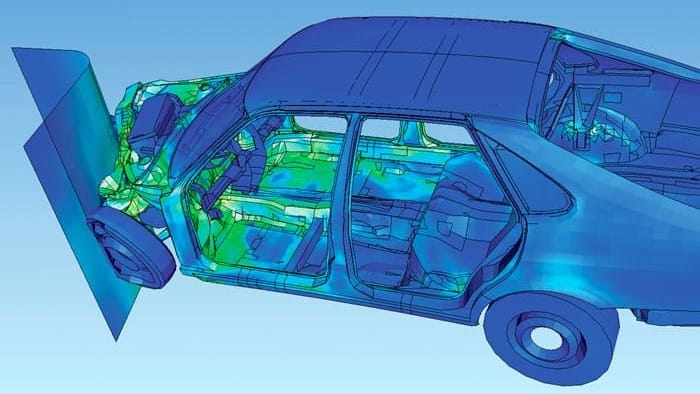 Computer visualization of how a car deforms in an asymmetrical crash using finite element analysis