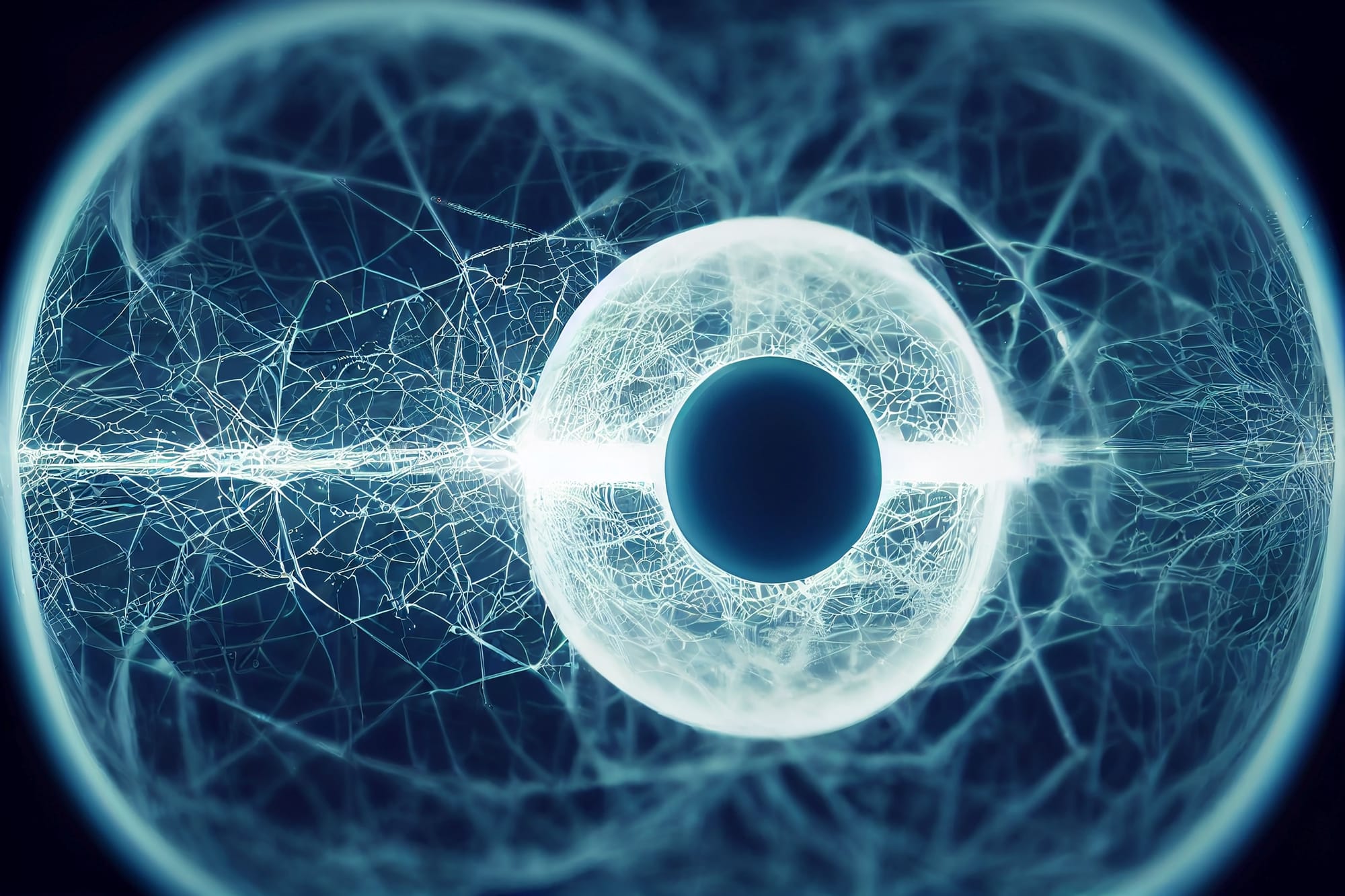 A digitally rendered abstract image showcasing a futuristic eye with complex network patterns