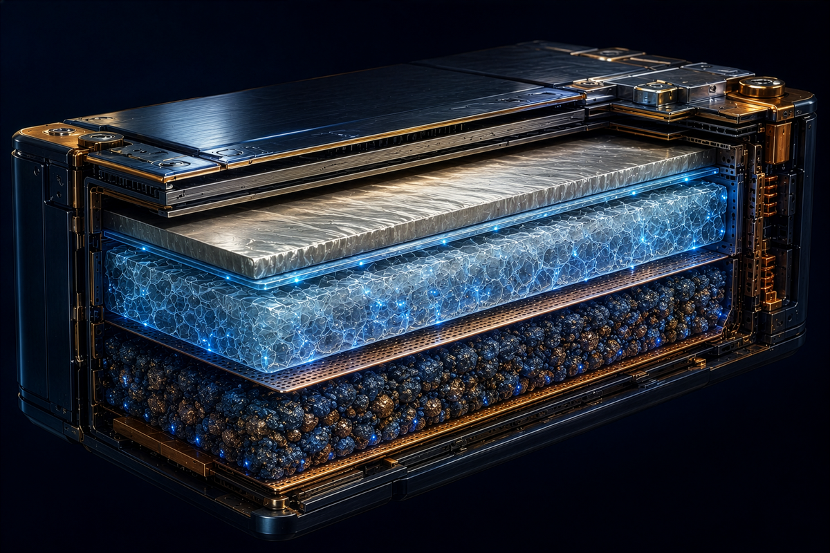 Artist Rendition of a Solid-State Lithium Battery with Internals Visible