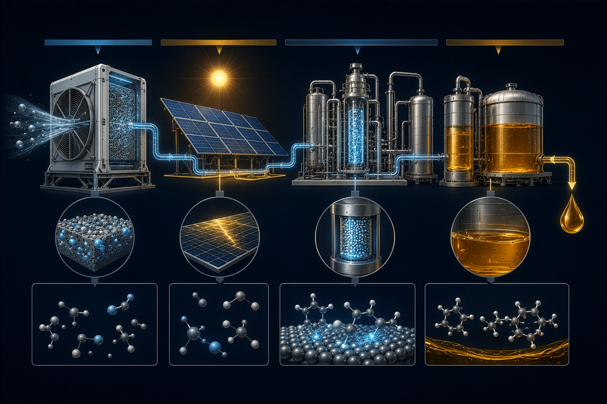 Direct-Air-Capture -> Solar Energy -> Electrolysis -> Synthetic Gasoline