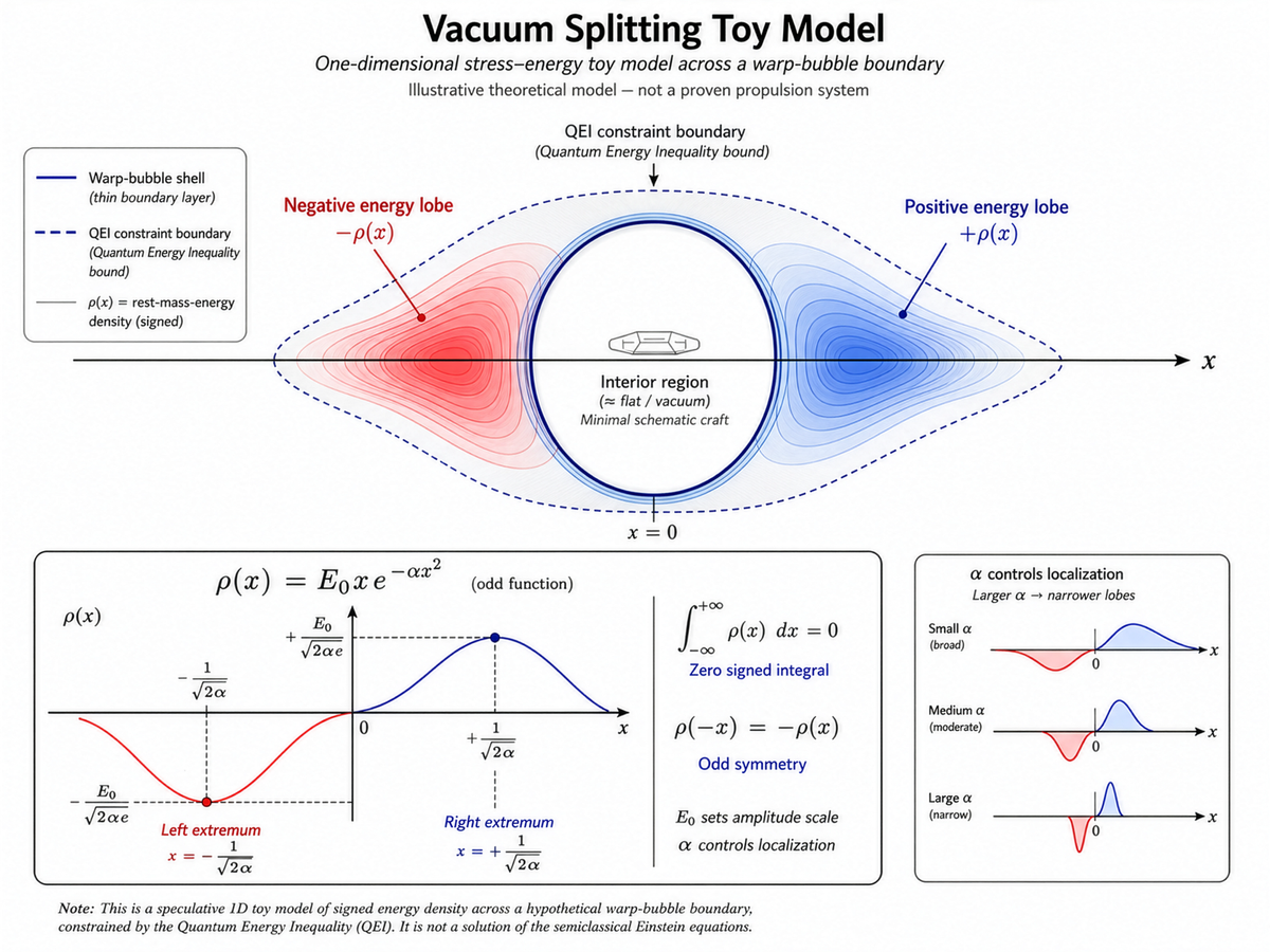 Vacuum-Splitting Warp Geometry: A Zero-Integral Toy Model for Exotic Stress-Energy Compensation