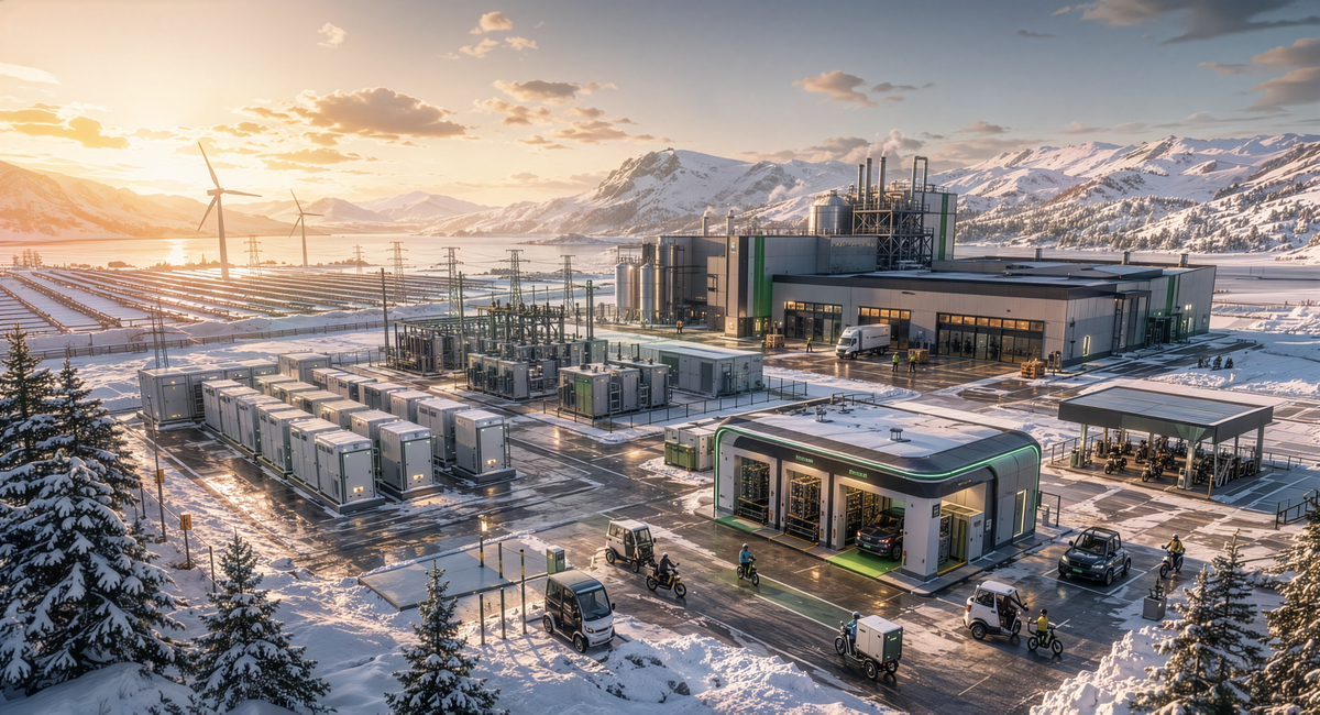 Artist Rendition of a Cold Weather Sodium-Ion Battery Swap Plant