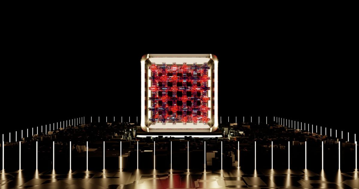 Abstract representation of a futuristic digital processor with glowing elements