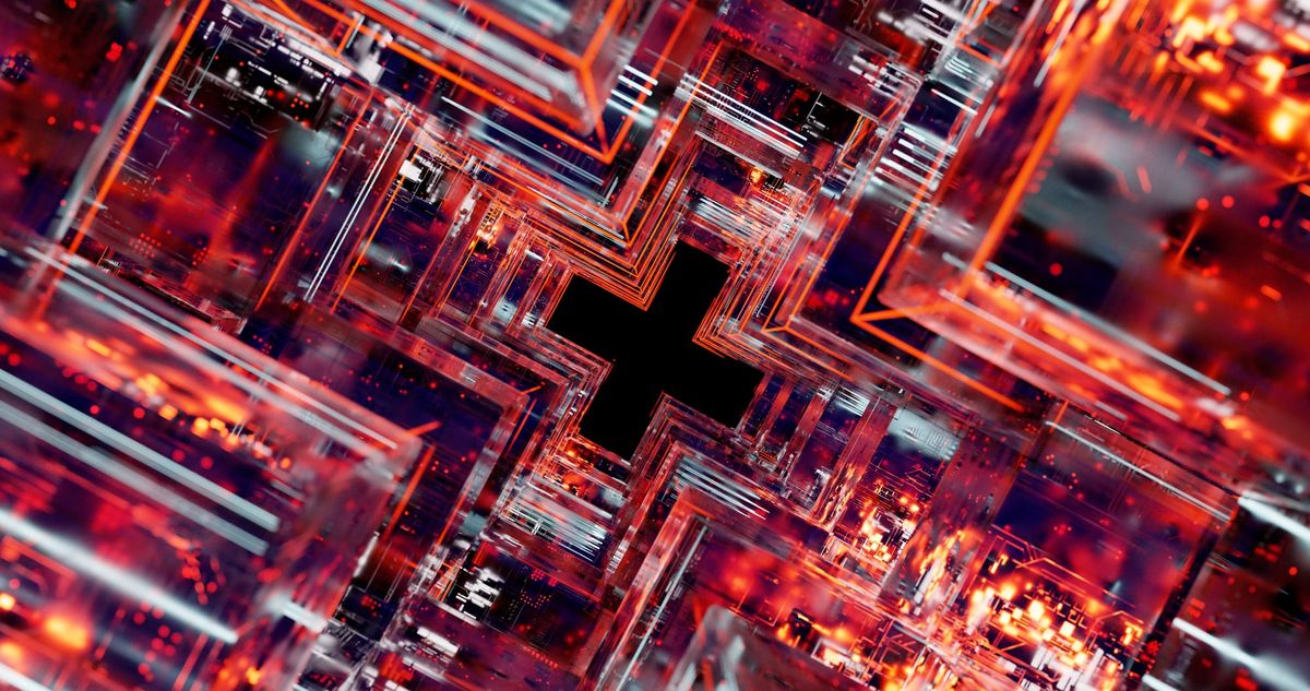 Abstract view of futuristic technology inspired circuitry in vivid colors