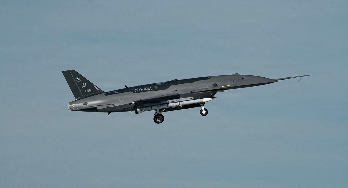 Andurils Loyal Wingman Unmanned Aerial Vehicle - YFQ-44A armed with an inert AIM-120 AMRAAM