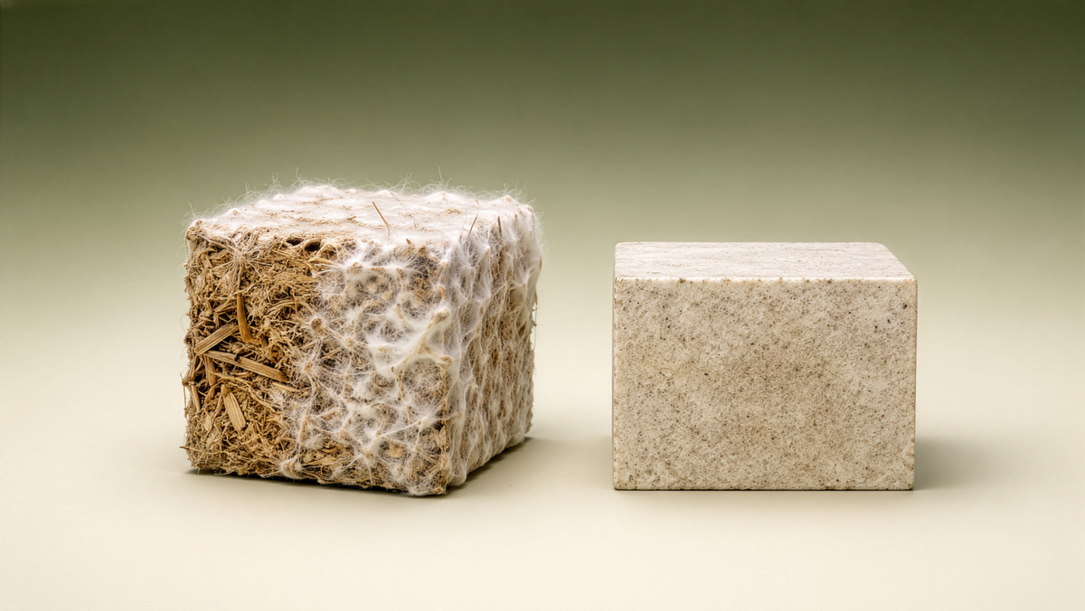 Conceptual Render of Mycelium Growth into Block Material