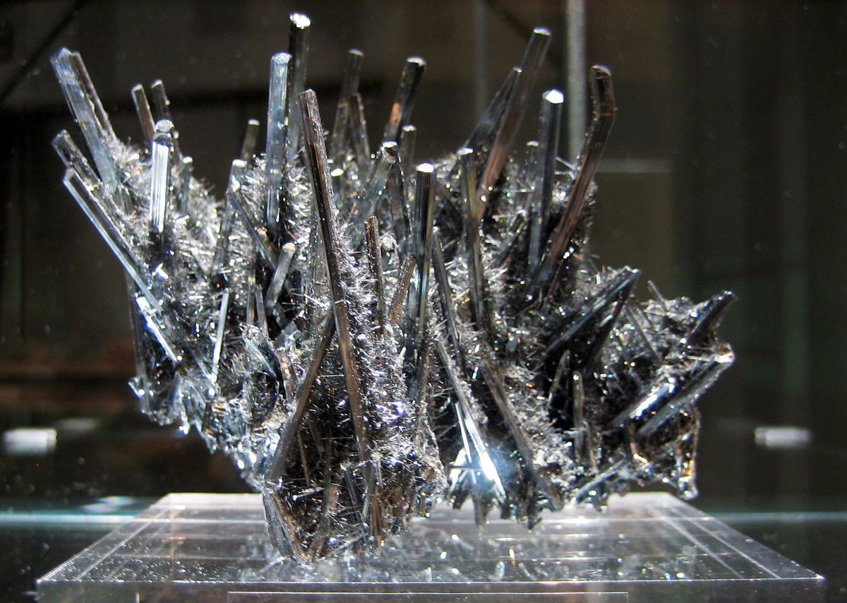 Stibnite - Carnegie Museum of Natural History - Hillman Hall of Minerals and Gems
