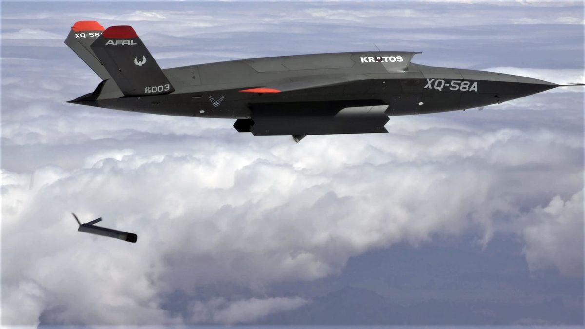 A XQ-58 Valkyrie deploys an Altius-600 unmanned aircraft system