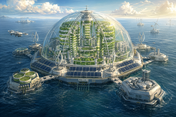 Conceptual Rendition of an advanced modular floating greenhouse using renewable energy