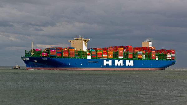Containership HMM Oslo from Hamburg and travelling to Rotterdam, off Cuxhaven.