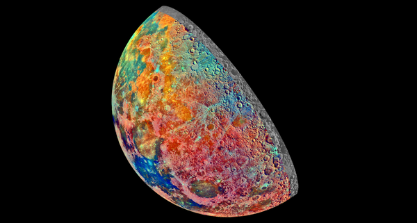 False-color image of the Moon taken by the Galileo orbiter showing geological features - Public Domain