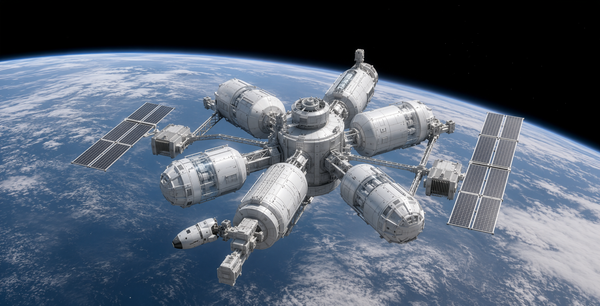 Artist Rendition of an orbital biopharmaceutical manufacturing facility utilizing microgravity