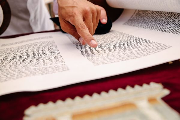 A close-up view of a hand pointing to text on an ancient religious scroll, indicating reading and study. Photo by Maor Attias