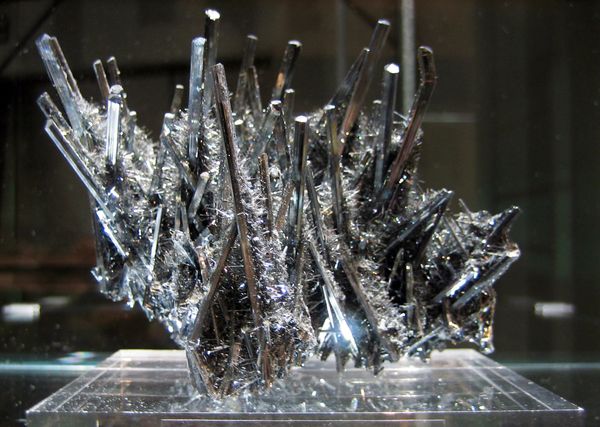 Stibnite - Carnegie Museum of Natural History - Hillman Hall of Minerals and Gems