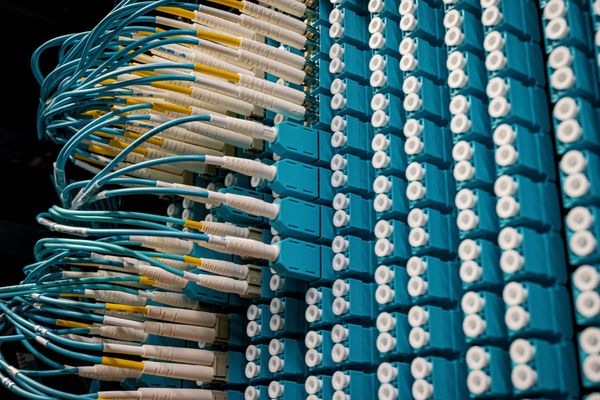 Detailed view of fiber optic cables connected in a data center rack, showcasing modern networking technology.