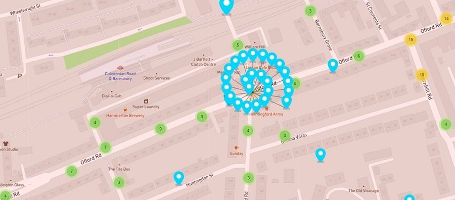 A map showing many, many pins at the junction of Hemingford Road and Offord Road.
