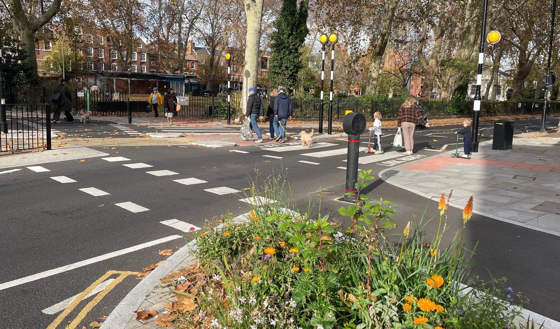 People walk across the new parallel zebra crossing with flowers in foreground.