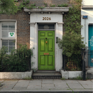 A green door with the number "2026" above and a BLCS Heart leaflet in the window.