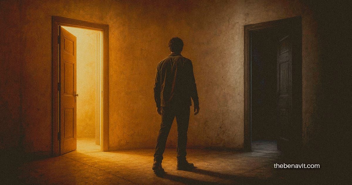 A person frozen between two choices in a dramatically lit room, conveying the paralysis of anxious decision making.