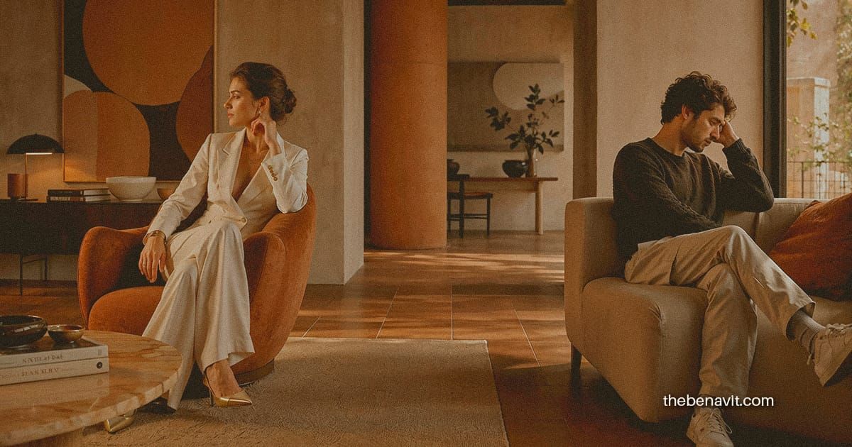 Two people sitting apart in the same space, one appearing successful and polished, the other more ordinary, illustrating the quiet distance of social comparison.