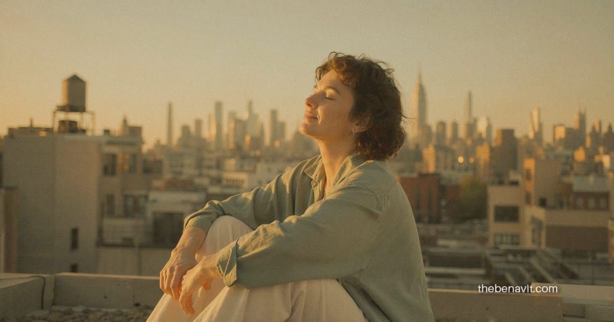 A person sitting alone on a rooftop at golden hour, eyes closed, with a quiet expression of contentment.