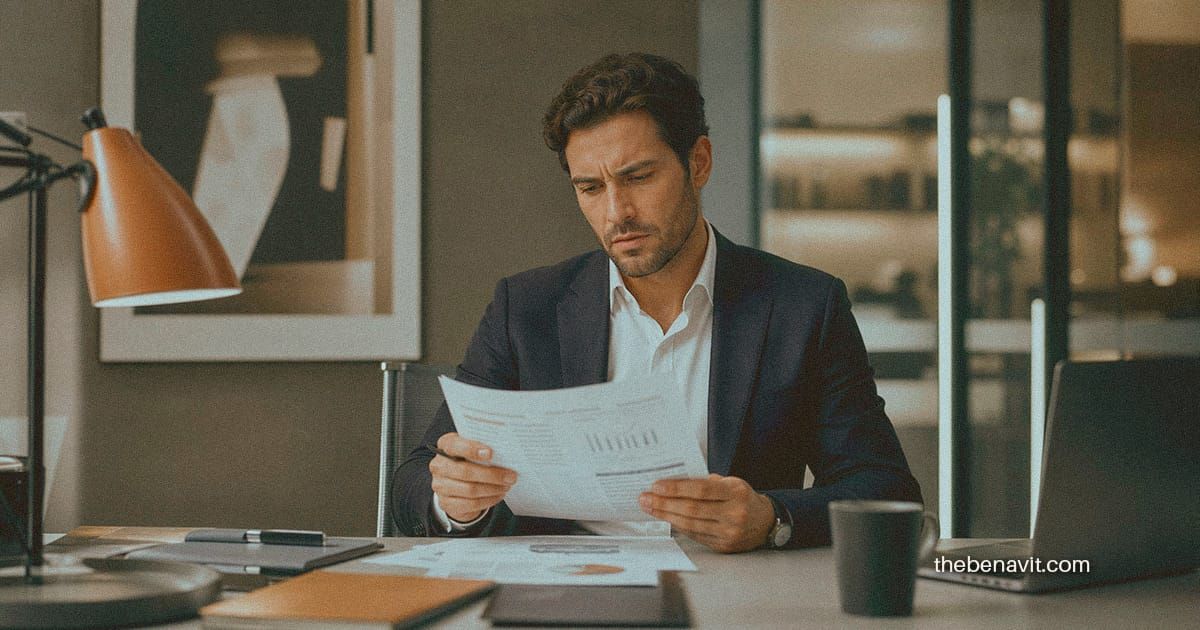 A well-dressed professional staring at financial documents with a conflicted expression, illustrating the gap between intelligence and financial judgment.