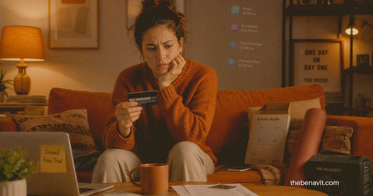 A person looking at their credit card and laptop with a conflicted expression, representing the discomfort of a financial decision.